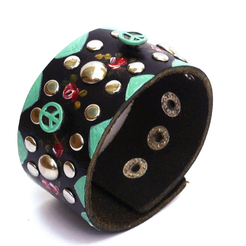 NEW Adjustable Black Leather Cuff with Turquoise Peace Sign Studs Boho Jewelry